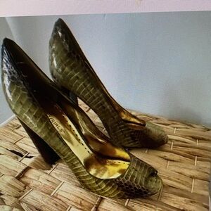 Clarks Olive Snakeskin Peep-Toe Heels